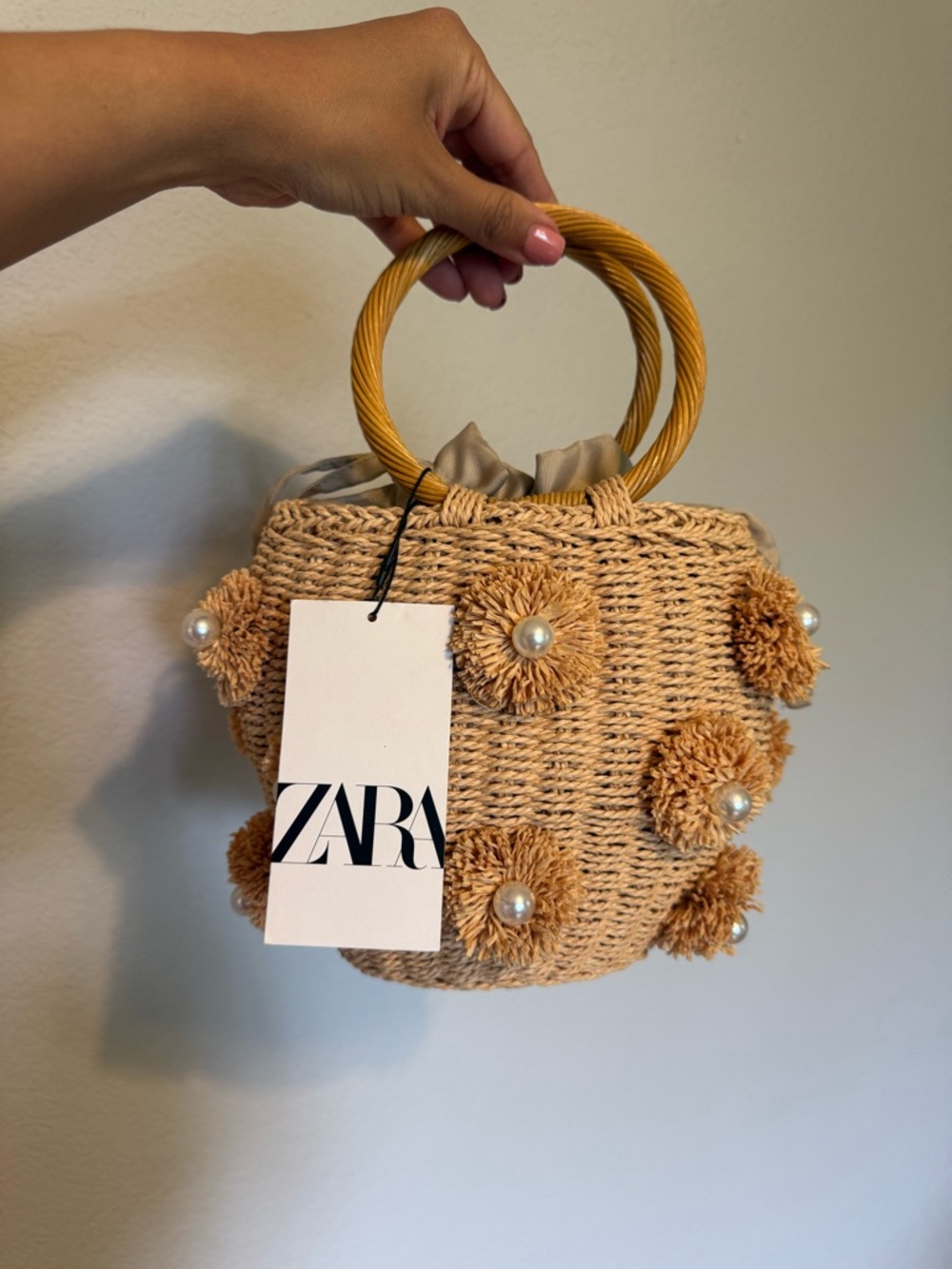 ZARA Natural Straw Bucket Handbag with Pearl Pom-Pom Floral Accents